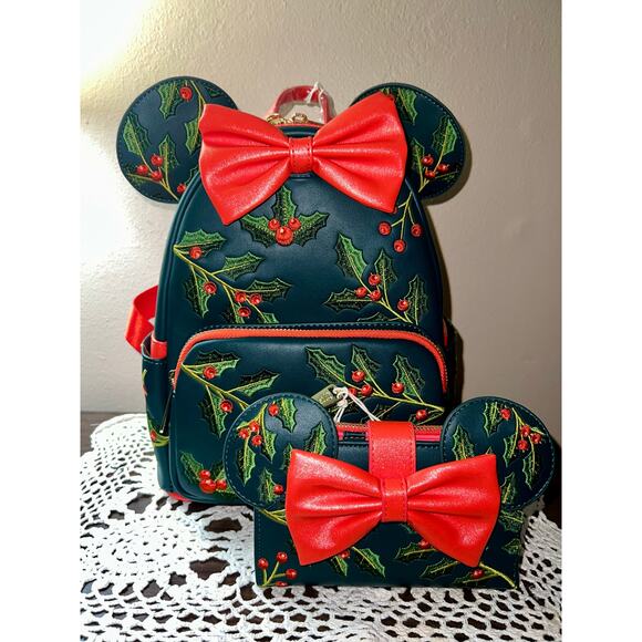 Loungefly Disney Minnie Mouse Holiday Holly Ears Mini Backpack Wallet Set - Picture 1 of 10